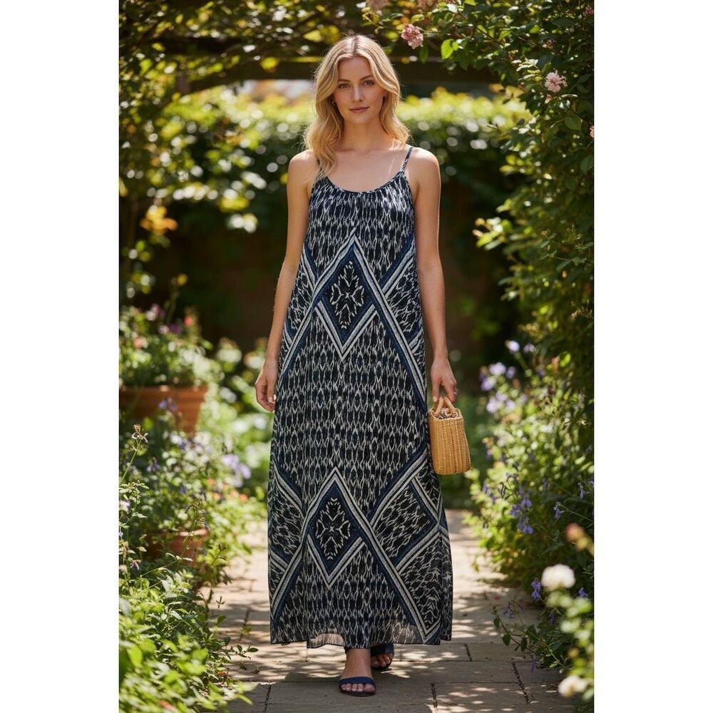 Express Womens Boho Maxi Chiffon Tribal Dress Long Sheer Blue Black lining spagh